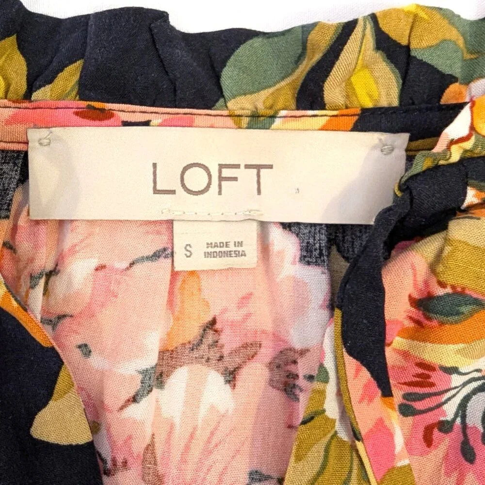 LOFT | Ruffle Floral Split Neck Sleeveless Mini Dress in Navy Blue Multi | Small - Picture 4 of 11